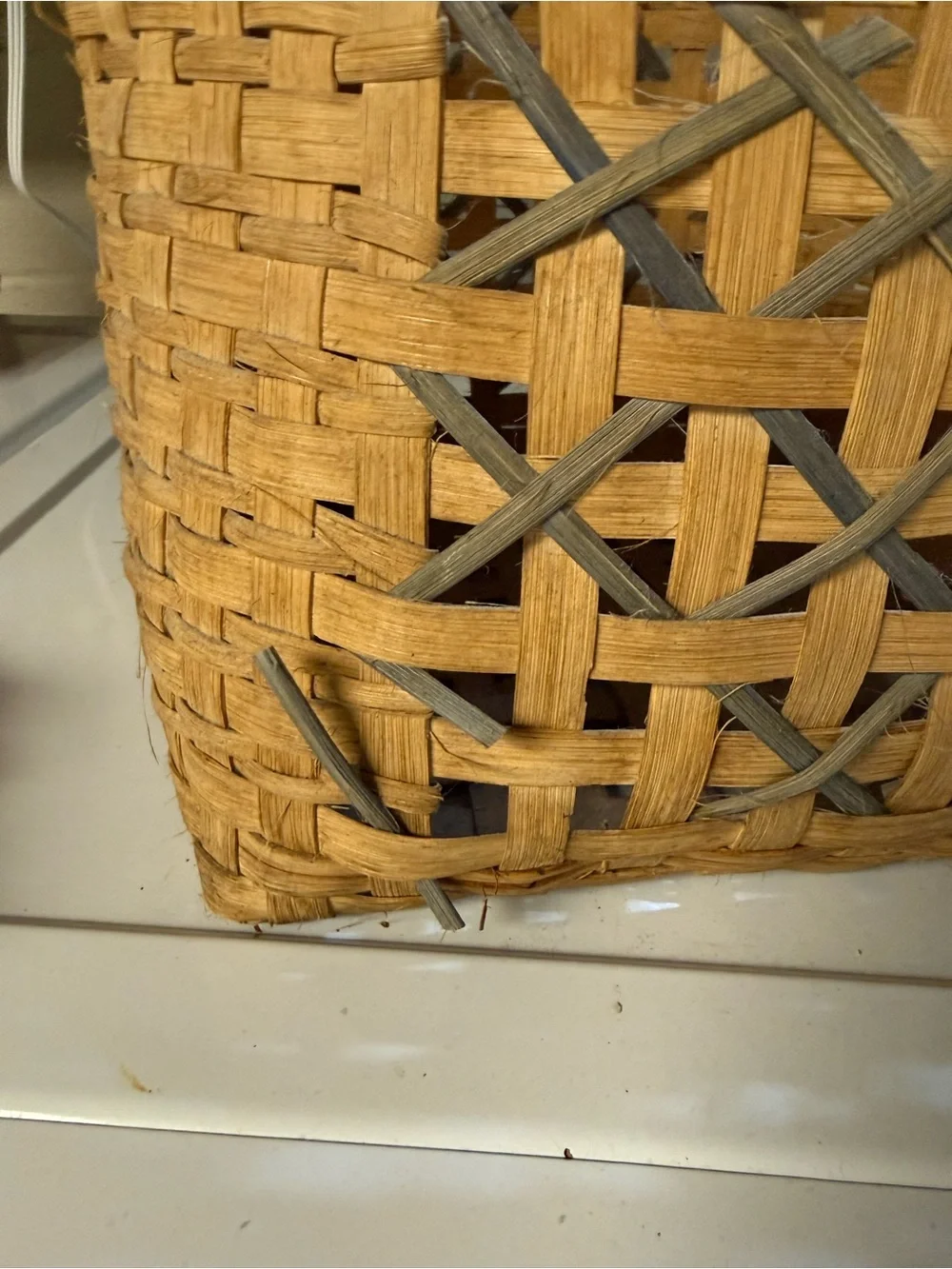 Hand Crafted Natural Woven Basket with Blue Weave Accent Country Rustic